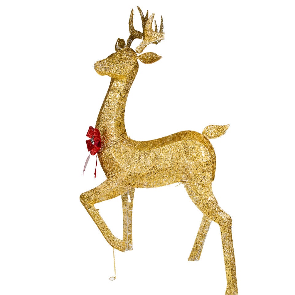 Yılbaşı Süsü, Geyik, Gold - Metal, Işıklı, Simli, Kırmızı Fiyonklu, 87x170 cm