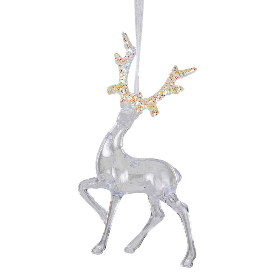 Yılbaşı Süsü, Geyik, Şeffaf - Asmalı, Akrilik Cam, Simli Boynuzlu, 10x16 cm