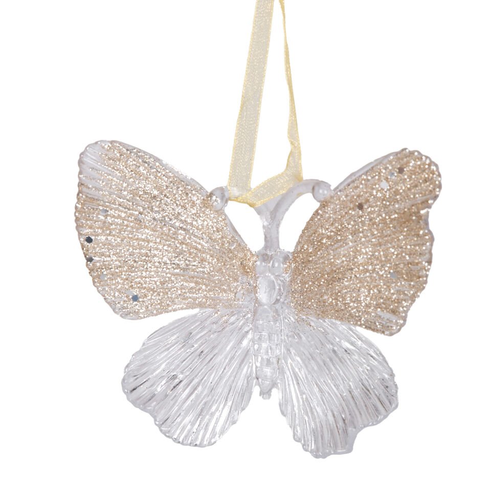 Yılbaşı Süsü, Kelebek, Şeffaf-Şampanya - Asmalı, Akrilik Cam, Simli Kanatlı, 11x10 cm