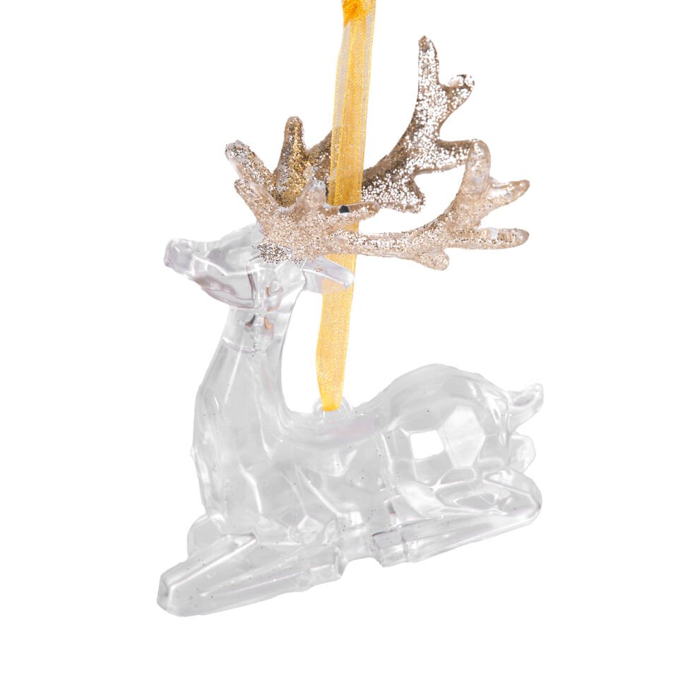 Yılbaşı Ağaç Süsü, Oturan Geyik - Asmalı, Simli Boynuzlu, Akrilik Cam, 5,5x9 cm