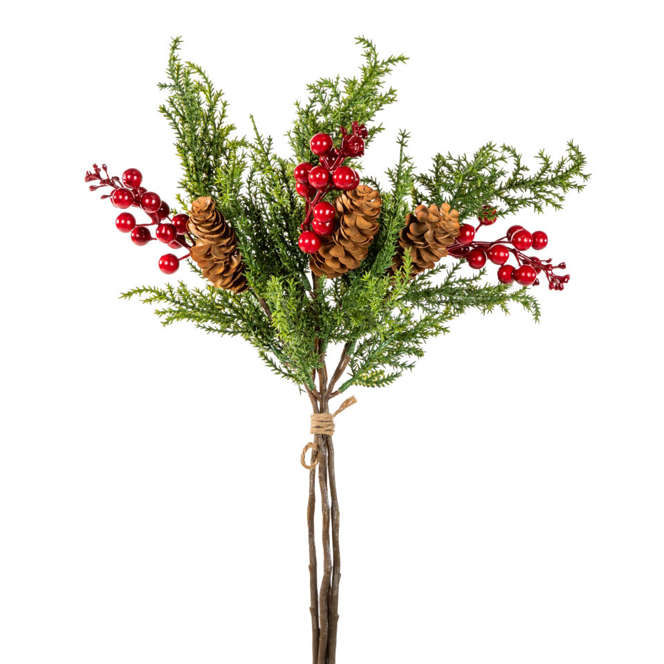 Yılbaşı Dalı Kokina Demet Kozalaklı Yeşil-Kırmızı 44 Cm.