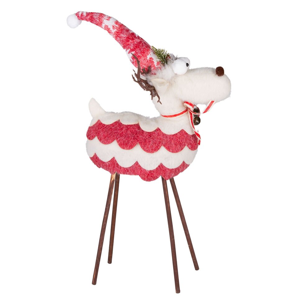 Yılbaşı Süsü, Geyik, Kırmızı-Beyaz - Ahşap Bacaklı, 36x56 cm