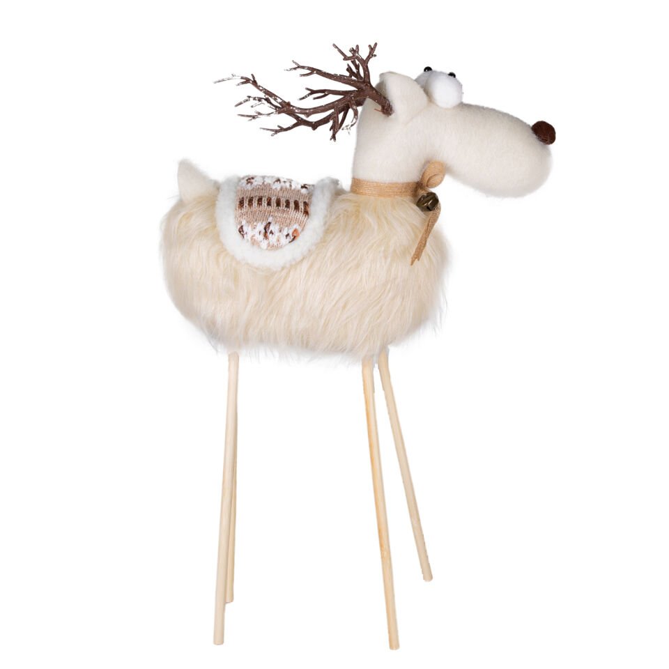 Yılbaşı Süsü, Geyik, Beyaz - Ahşap Bacaklı, 36x56 cm