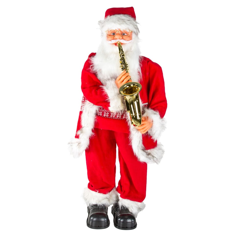 Yılbaşı Noel Baba Büyük Boy Saksafonlu Hareketli Müzikli Kırmızı 120 Cm.
