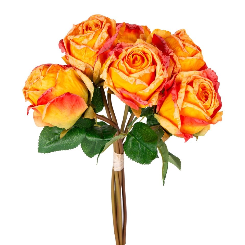 Yapay Çiçek, Gül Demeti, Sarı-Kırmızı - 6'lı Demet, 37 cm