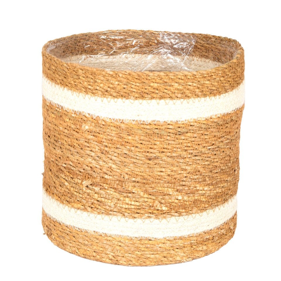 Hasır Sepet, Beyaz Şeritli, Naylon İçli, Naturel - 26x26 cm