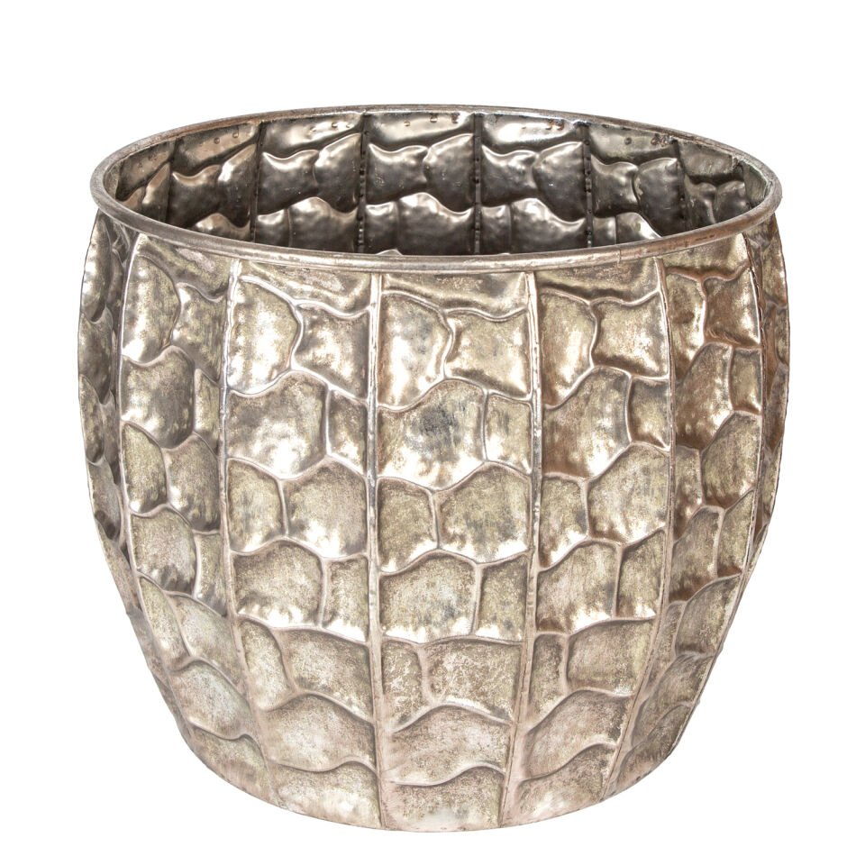 Metal Çiçeklik Saksı, Kabartma Desenli, Gümüş Eskitme - 37,5x32,5 cm