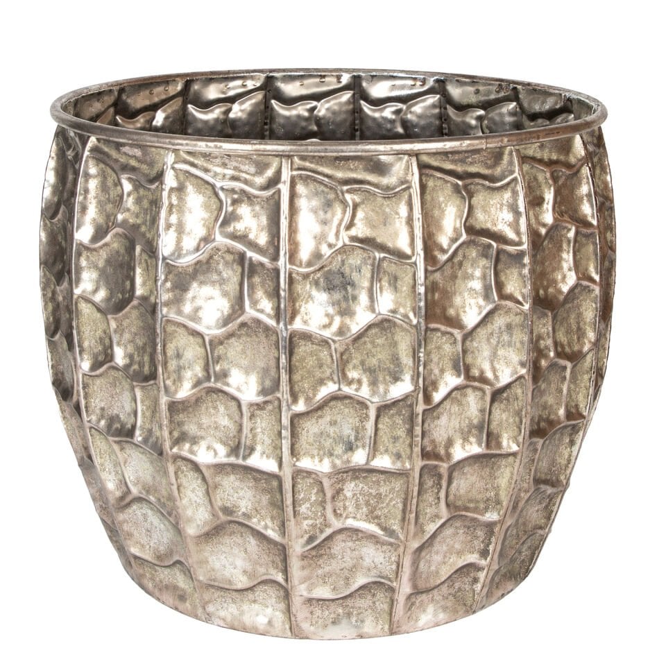 Metal Çiçeklik Saksı, Kabartma Desenli, Gümüş Eskitme - 45x38,5 cm