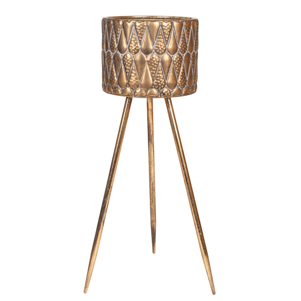 Metal Çiçeklik Saksı, Kabartma Damla Desenli, Altın Eskitme - 23x67,5 cm