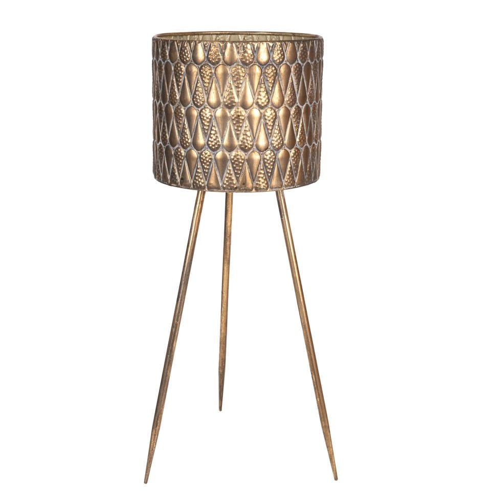 Metal Çiçeklik Saksı, Kabartma Damla Desenli, Altın Eskitme - 28x77,5 cm