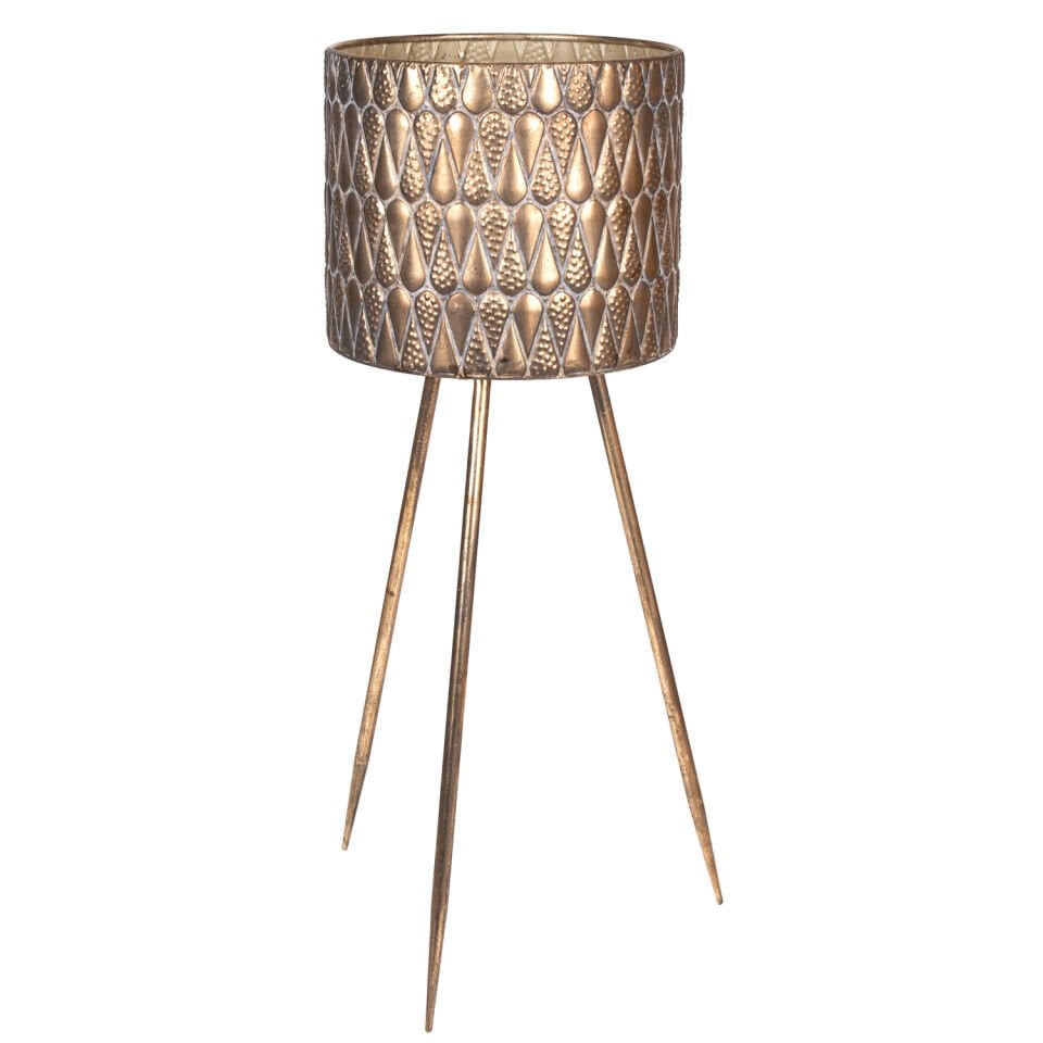 Metal Çiçeklik Saksı, Ayaklı, Kabartma Damla Desenli, Altın Eskitme - 33x88 cm