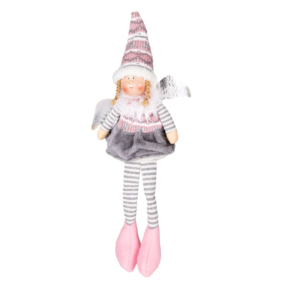 Yılbaşı Süsü, Oturan Peri Figürü, Gri Etek-Pembe Ayakkabılı - 17x53 cm