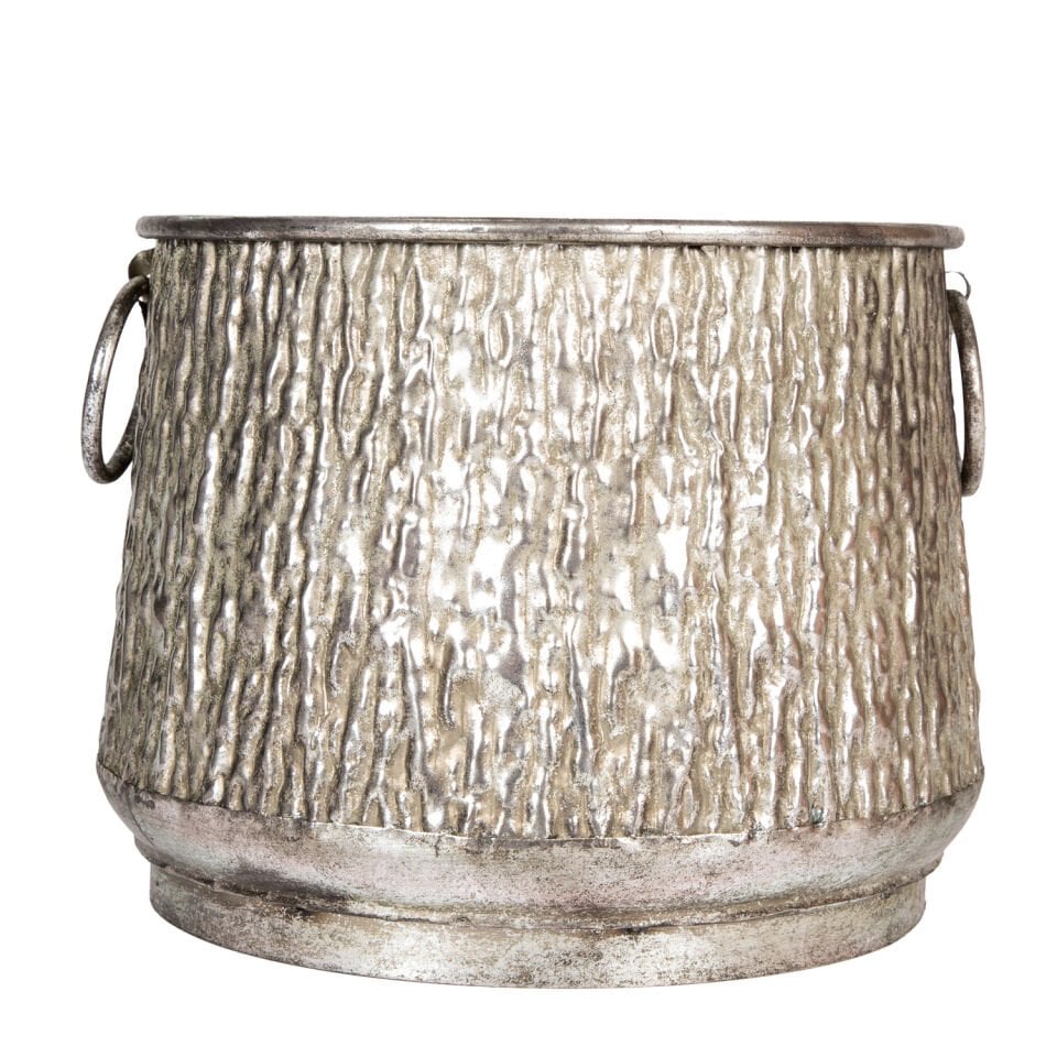 Metal Kazan Saksı, Kabartma Desenli, Gümüş Eskitme - 32x24,5 cm