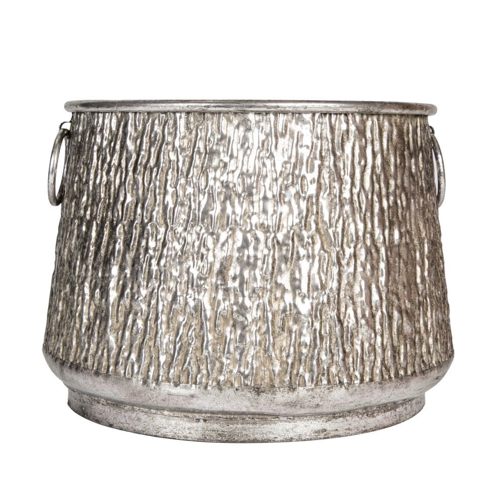 Metal Kazan Saksı, Kulplu, Kabartma Desenli, Gümüş Eskitme - 39,5x29 cm