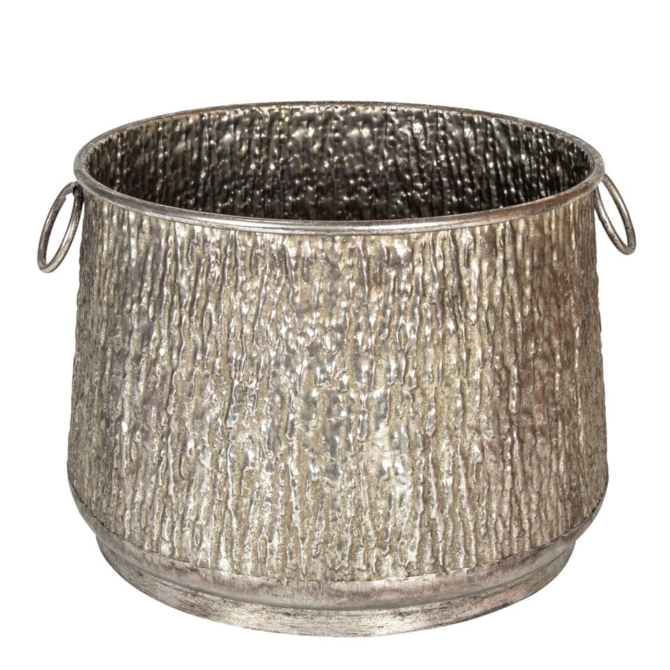Metal Kazan Saksı, Kulplu, Kabartma Desenli, Gümüş Eskitme - 45x33 cm