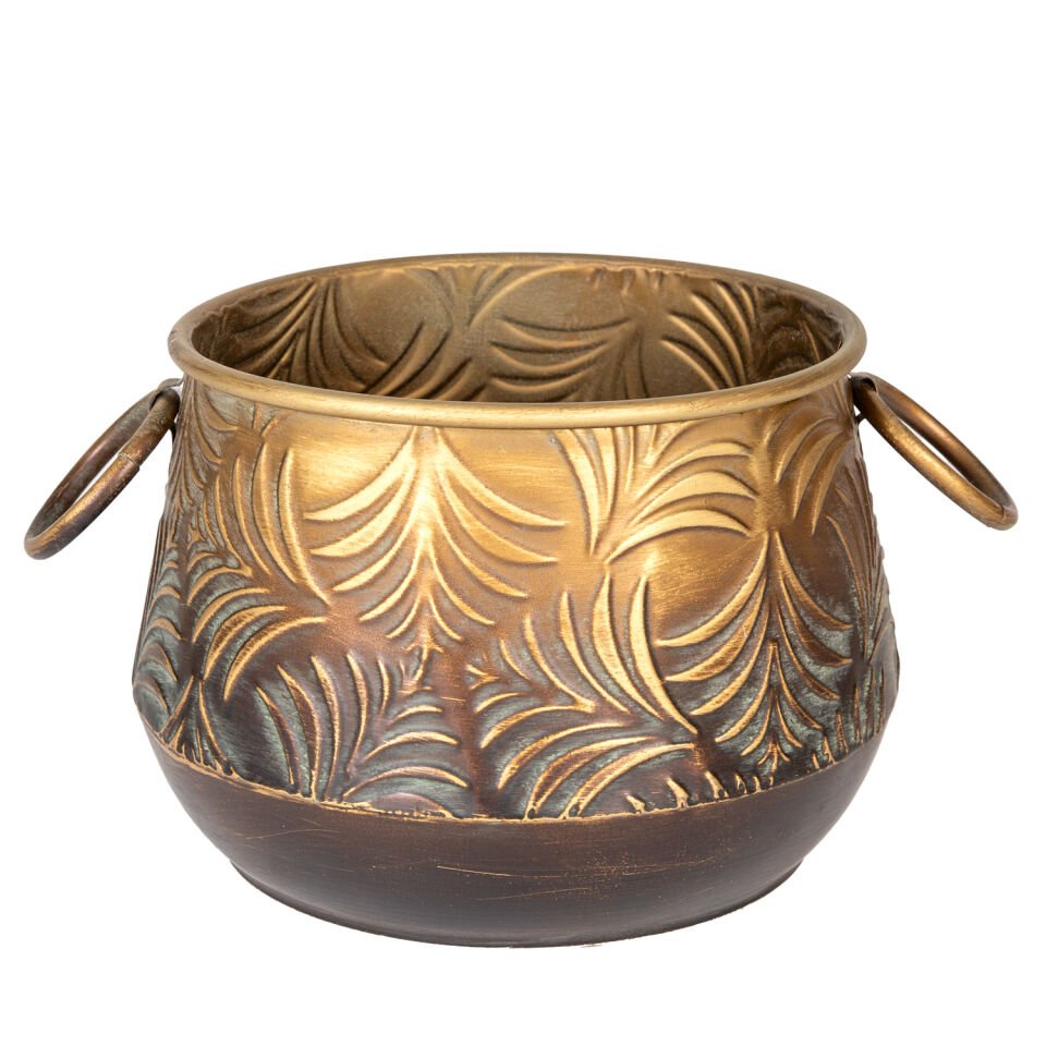 Metal Çiçeklik Saksı, Kulplu, Kabartma Yaprak Desenli, Altın Eskitme - 27x18,5 cm