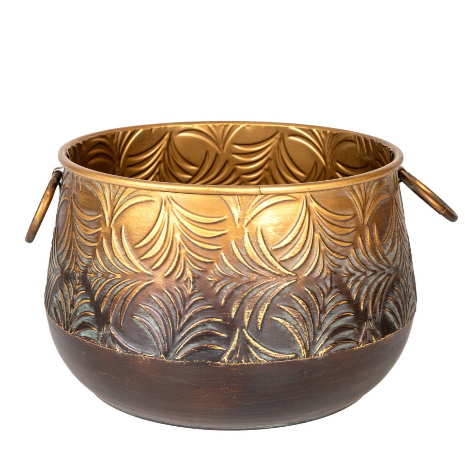 Metal Çiçeklik Saksı, Kulplu, Kabartma Yaprak Desenli, Altın Eskitme - 36,50x23 cm