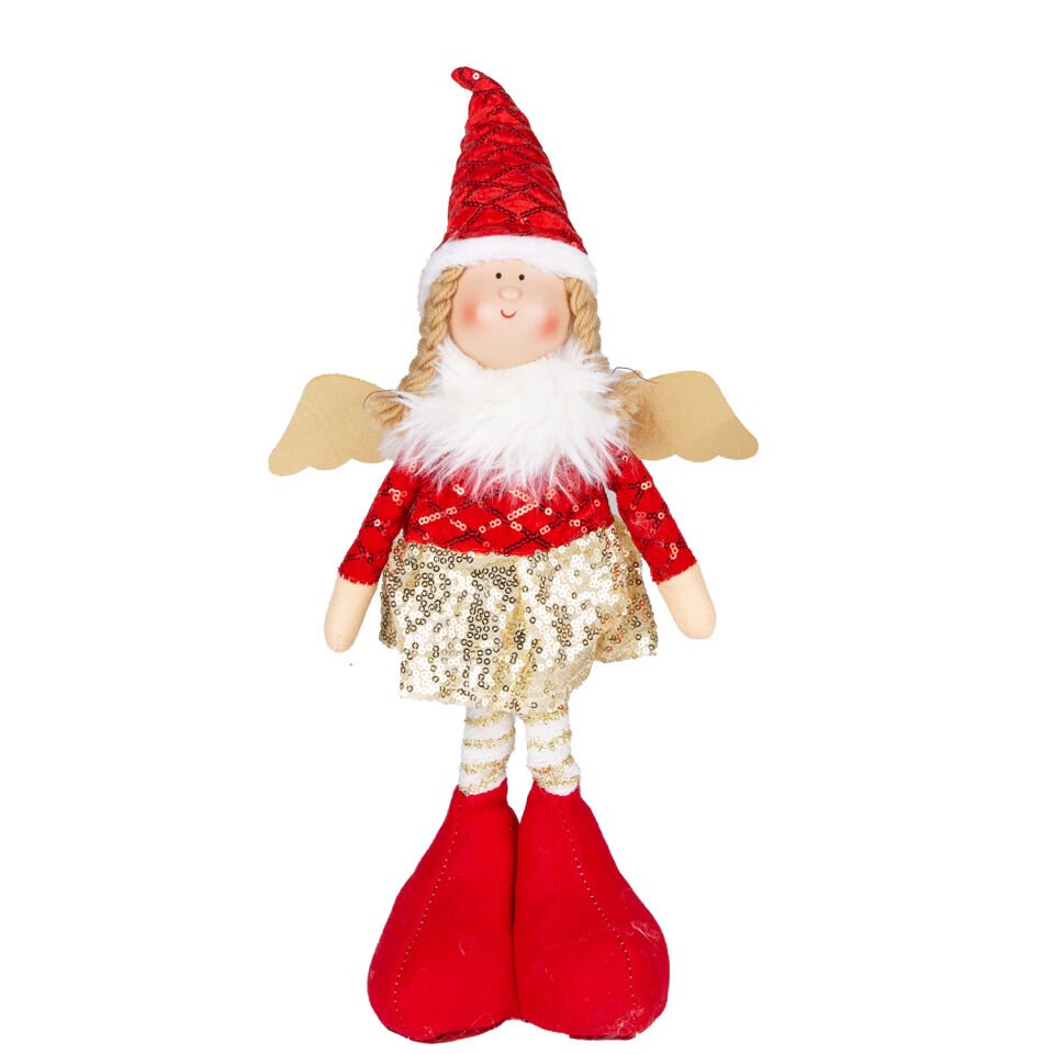 Yılbaşı Süsü, Ayakta Kanatlı Peri Figürü, Kırmızı - Gold Etekli, 17x44 cm