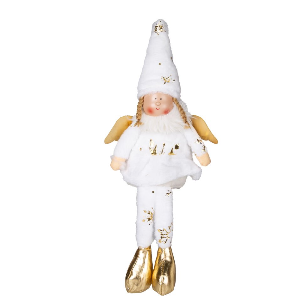 Yılbaşı Süsü, Oturan Kanatlı Peri Figürü, Beyaz - Gold Ayakkabılı, 17x53 cm