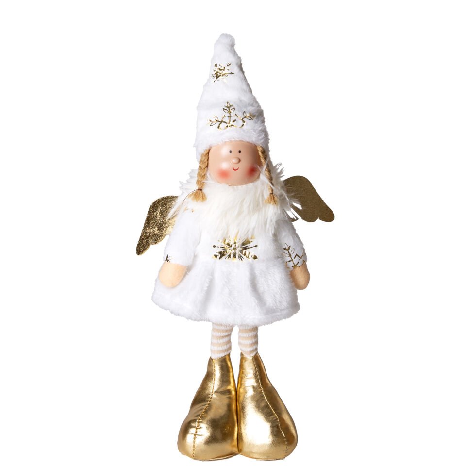 Yılbaşı Süsü, Ayakta Kanatlı Peri Figürü, Beyaz - Gold Ayakkabılı, 17x44 cm