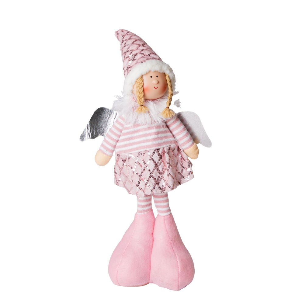 Yılbaşı Süsü, Ayakta Kanatlı Peri Figürü, Şerit Kazaklı- Pembe Etekli - 17x44 cm