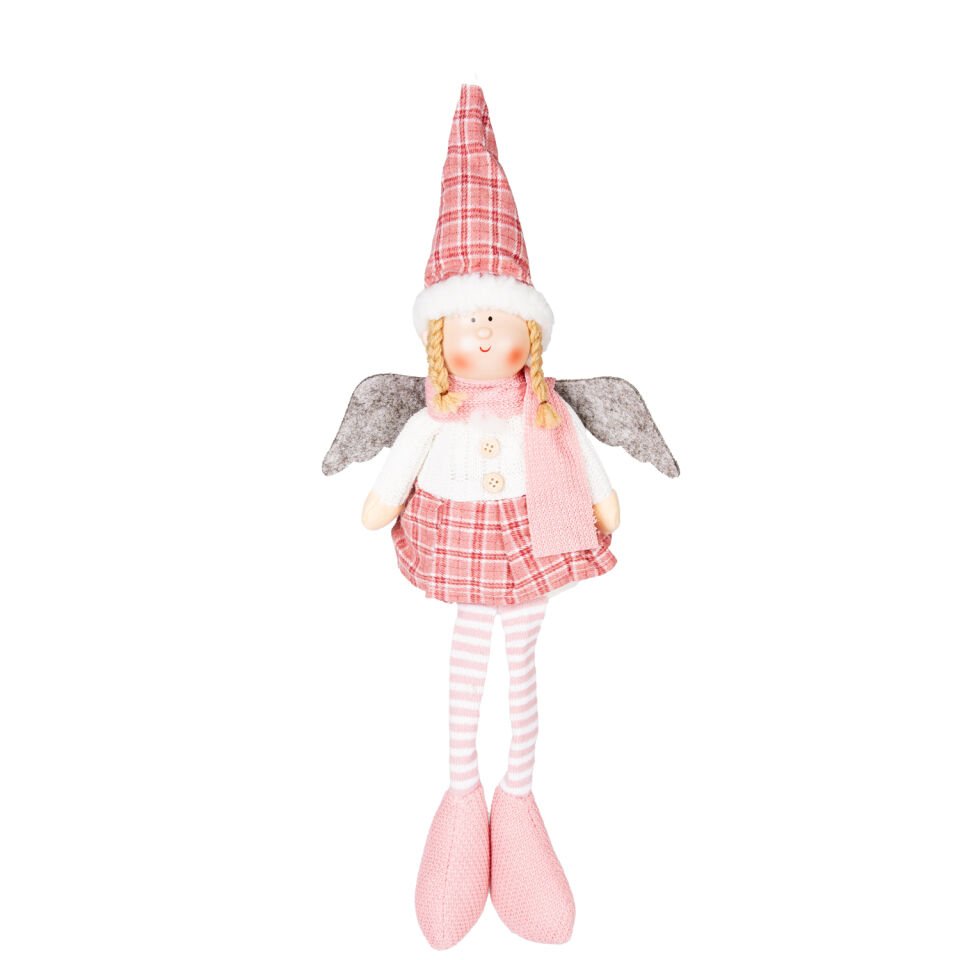 Yılbaşı Süsü, Oturan Kanatlı Peri Figürü, Beyaz Kazak-Pembe Etekli - 17x53 cm