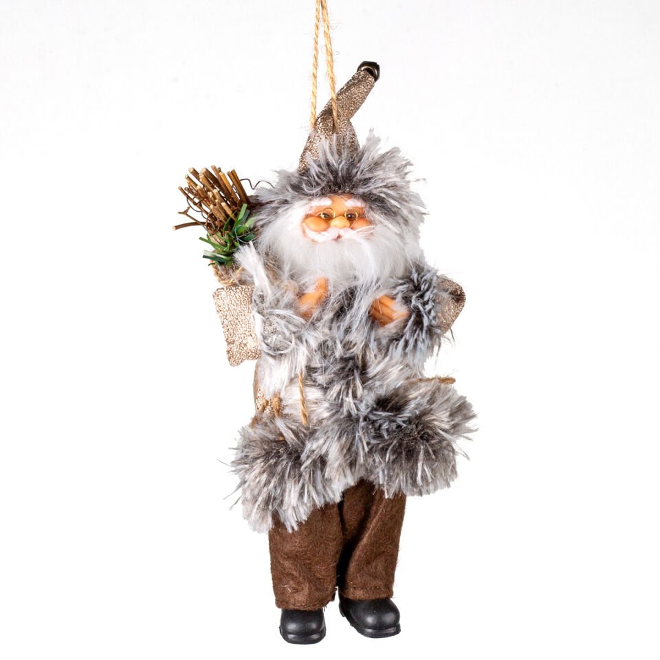 Yılbaşı Noel Baba, Kahverengi Pantolonlu, Çalı Taşıyan, Asılabilir - 20 cm