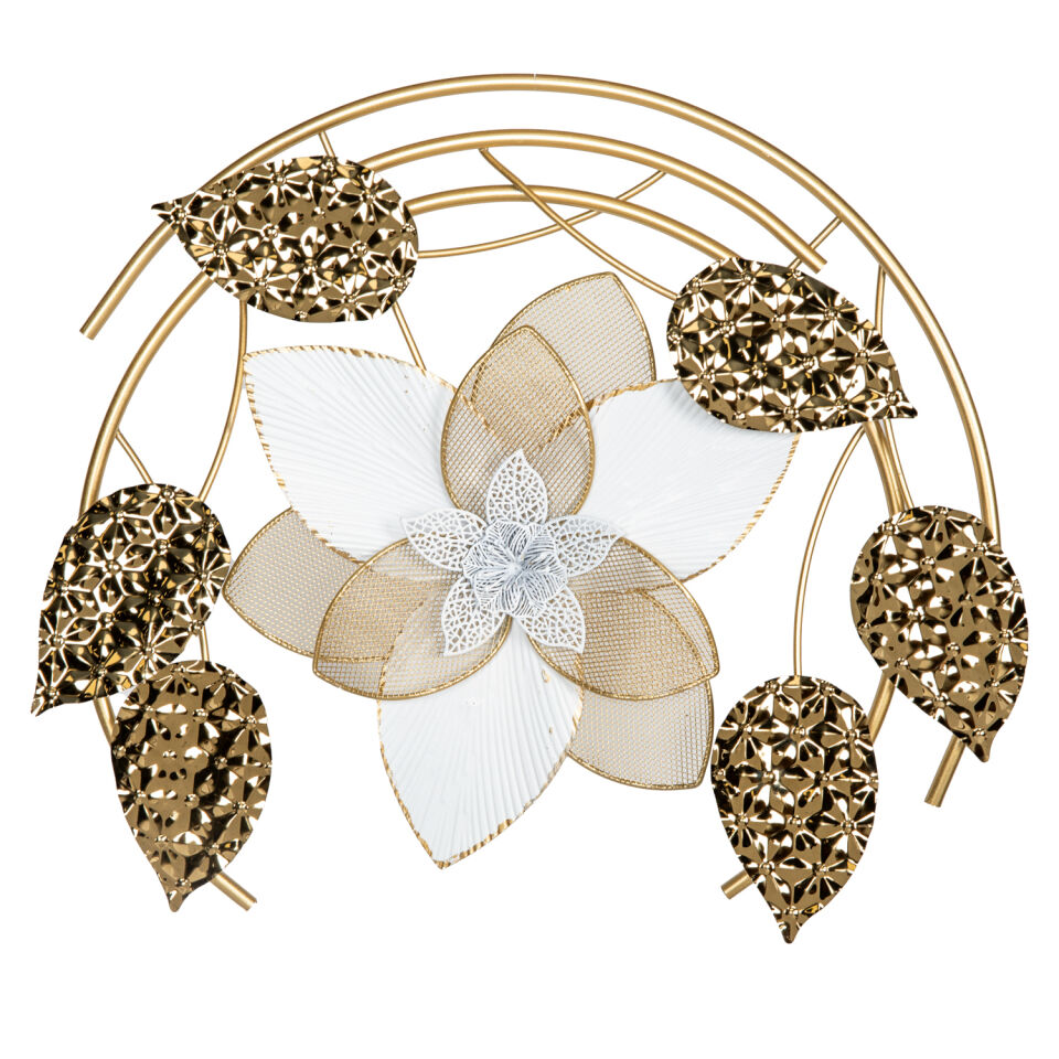 Metal Duvar Panosu Çiçekli Çember Tablo Gold-Beyaz 48x47 Cm.
