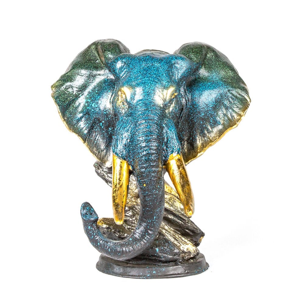 Biblo, Büyük Dişli Afrika Fil Büst, Mavi - 40x46x34 cm