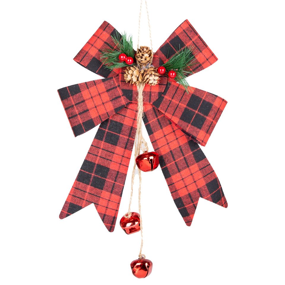 Yılbaşı Süsü, Fiyonk, Yılbaşı Dekorlu, Ekoseli, Kırmızı-Siyah - 20x27 cm