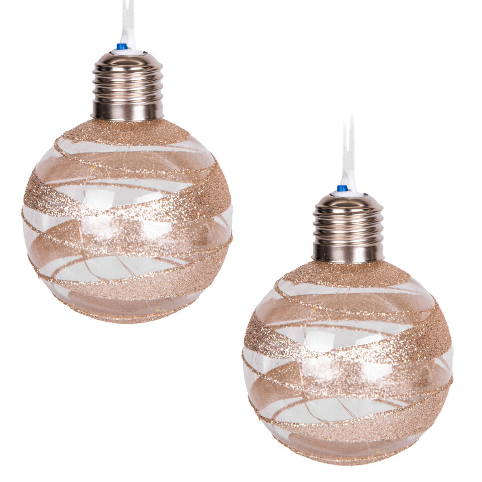 Yılbaşı Topu, Ampul, Led Işıklı, Gold Simli, Şampanya - 2'li Paket, 7 cm