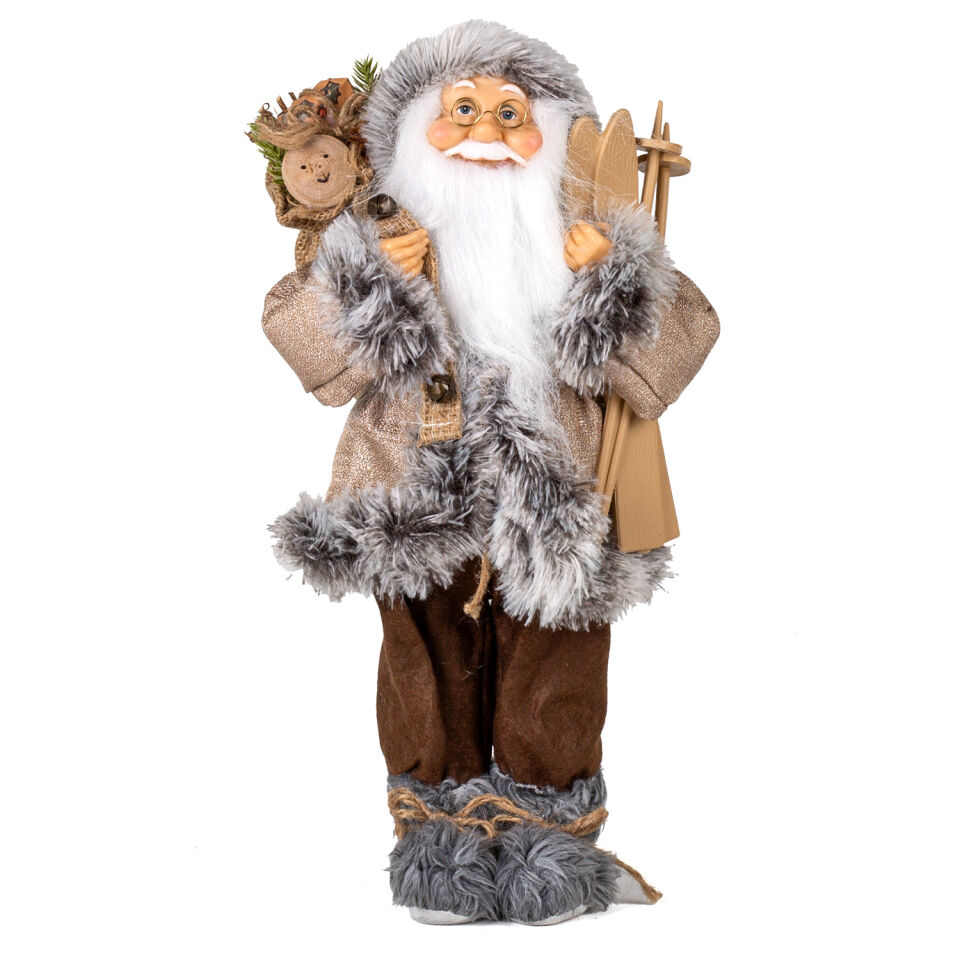Yılbaşı Noel Baba, Kahverengi Pantolonlu, Kayak Takımı Taşıyan - 45 cm