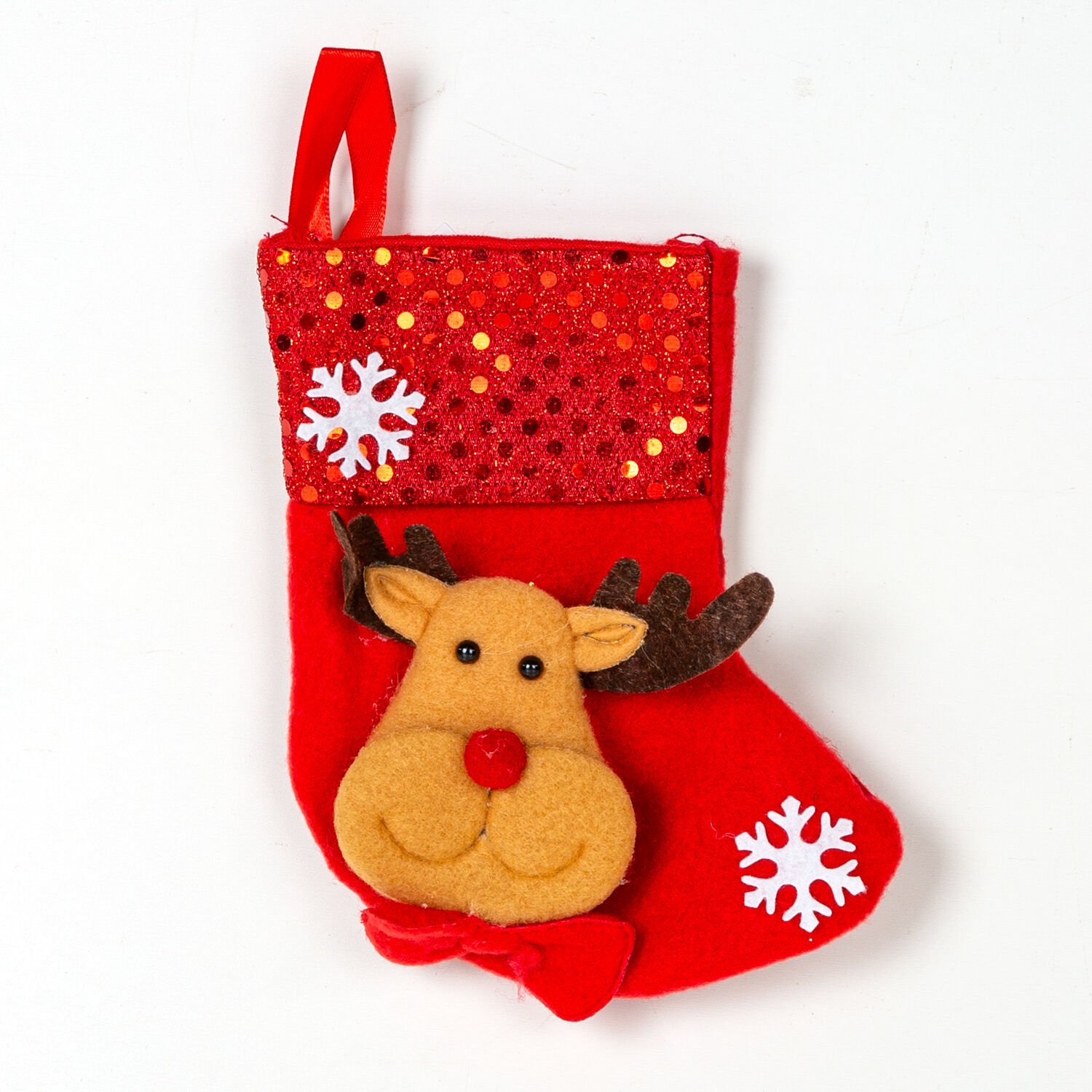 Yılbaşı Süsü, Çorap, Parlak Pullu, Geyik Figürlü, Kırmızı - 12x16 cm