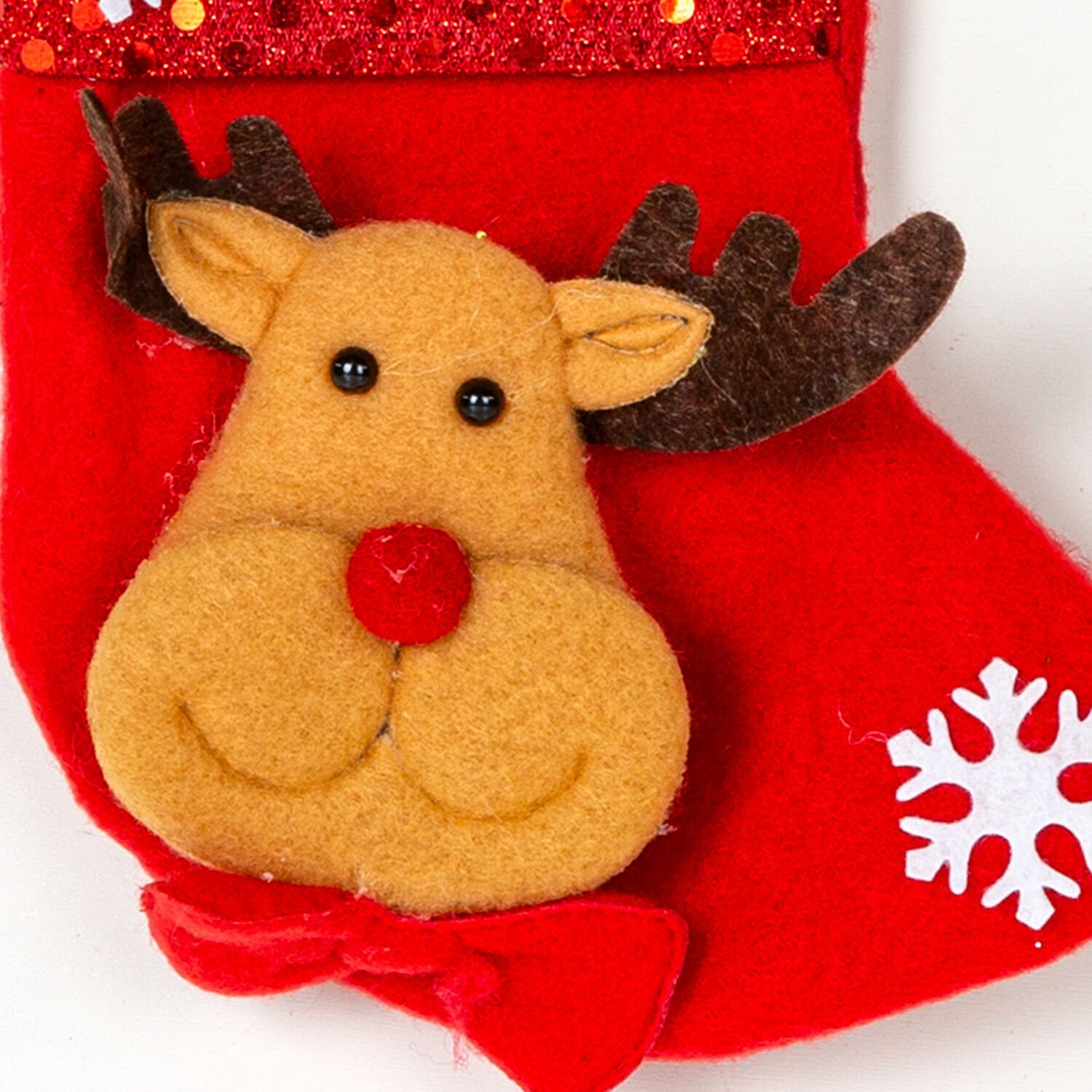 Yılbaşı Süsü, Çorap, Parlak Pullu, Geyik Figürlü, Kırmızı - 12x16 cm