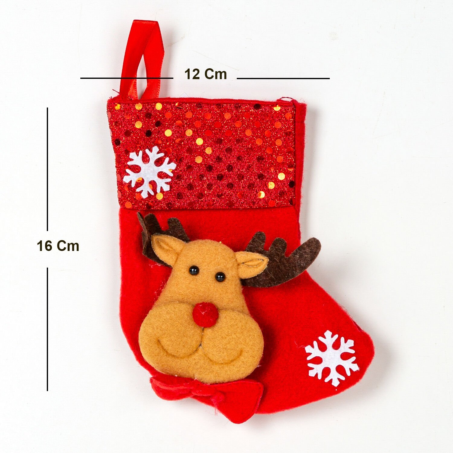 Yılbaşı Süsü, Çorap, Parlak Pullu, Geyik Figürlü, Kırmızı - 12x16 cm
