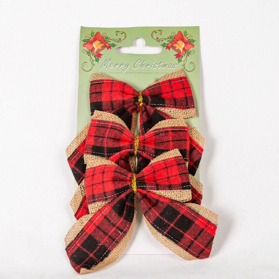 Yılbaşı Süsü, Askılı Fiyonk, Ekose Desenli, Kırmızı-Siyah - 3'lü Paket, 12x14 cm