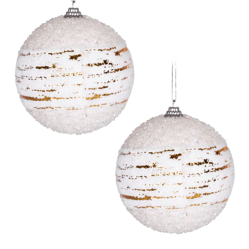 Yılbaşı Topu, Kumaş, Gold Şeritli, Beyaz - 2'li Set, 10 cm