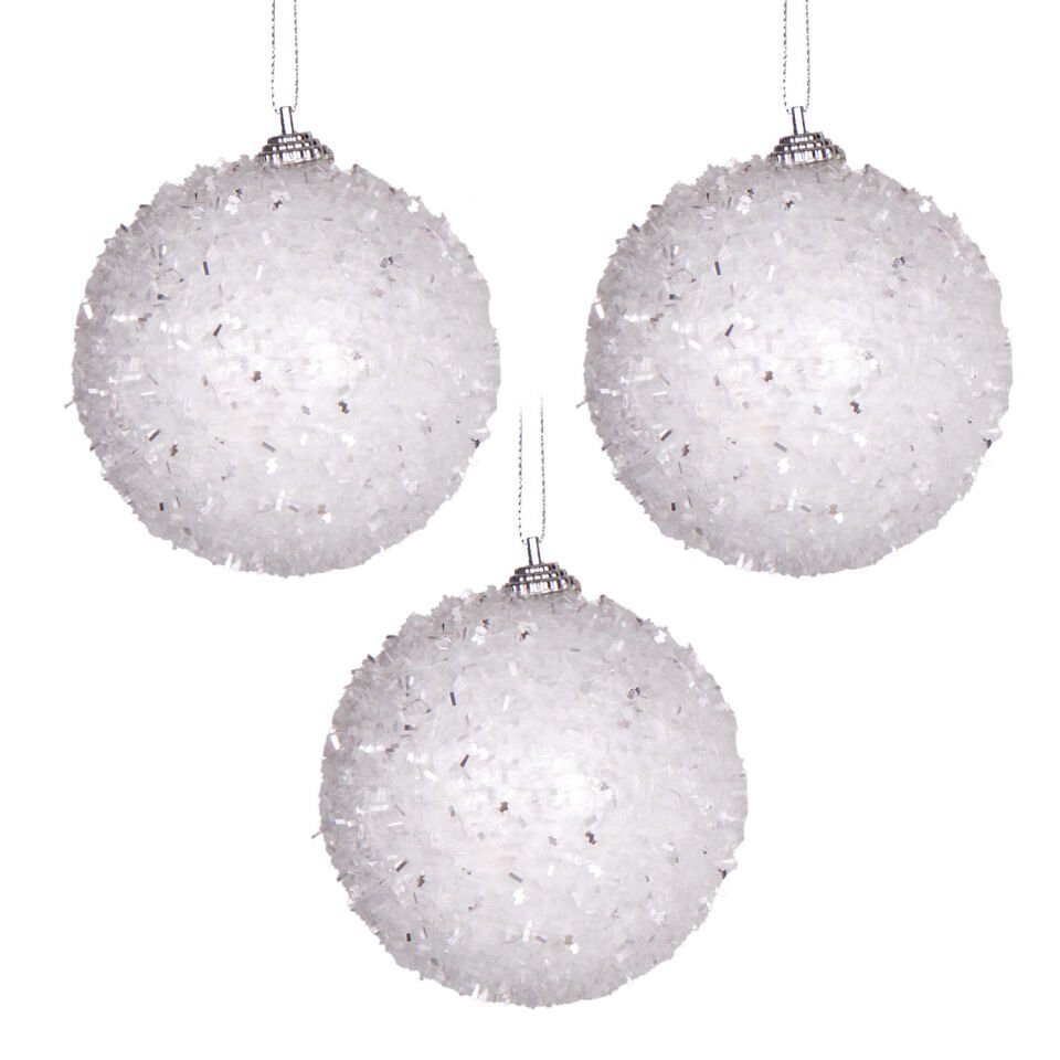 Yılbaşı Topu, Kırçıllı, Simli, Beyaz - 3'lü Set, 7 cm