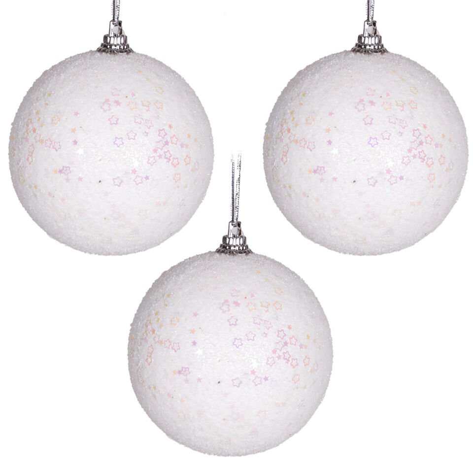 Yılbaşı Topu, Pembe Parlak, Yıldız Desenli, Beyaz - 3'lü Set, 7 cm