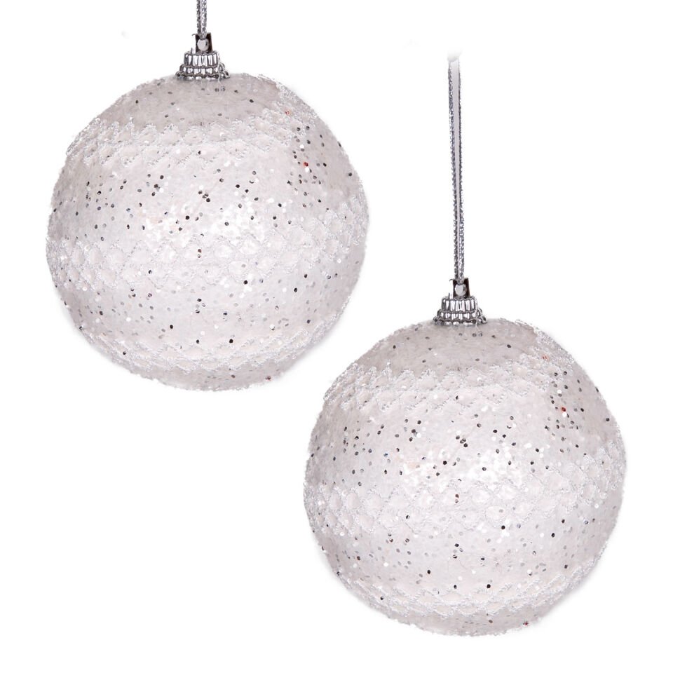 Yılbaşı Topu, Simli, Beyaz Dantel Figürlü, Beyaz - 3'lü Set, 7 cm