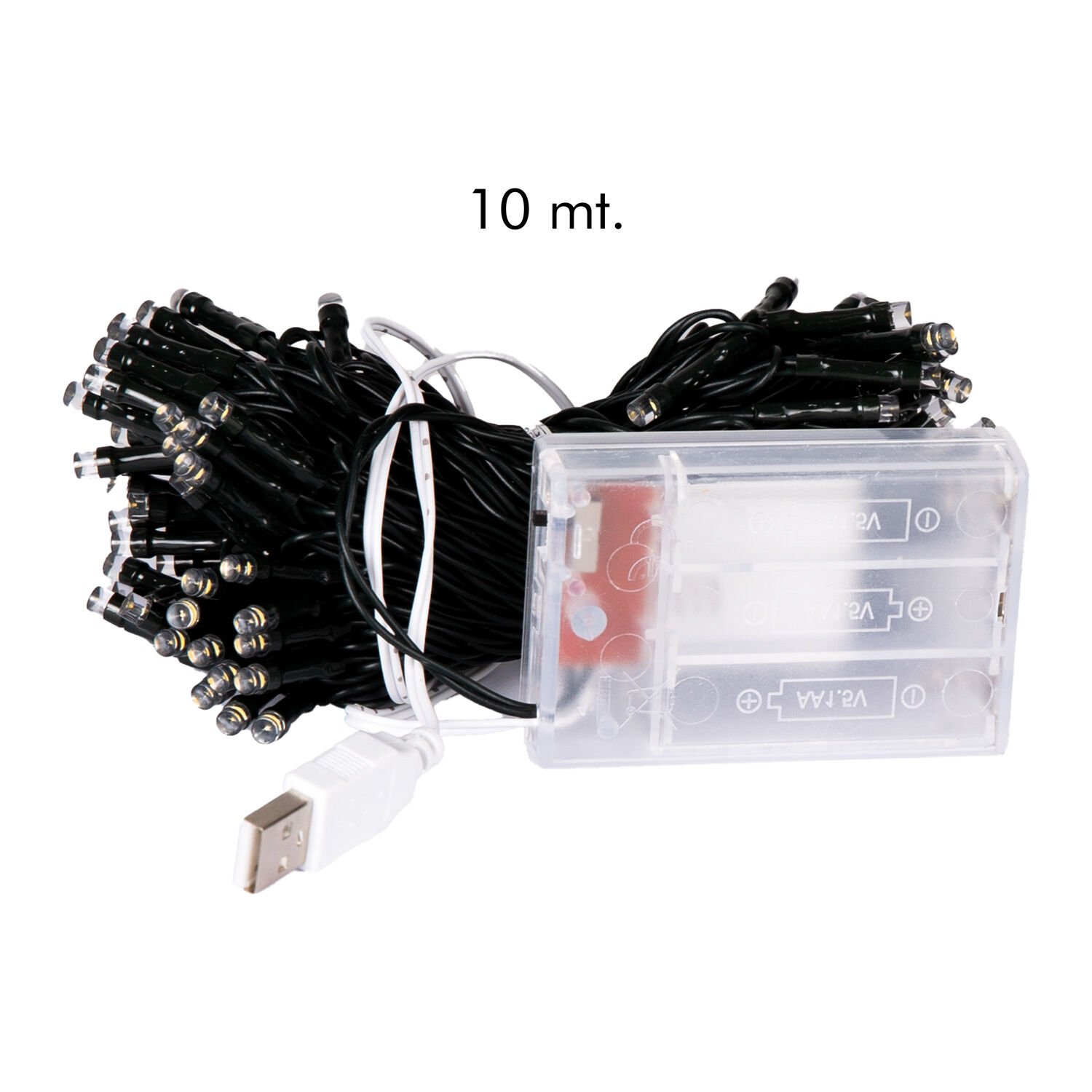 Yılbaşı Led Işık, MultiColor - 100 Ledli, USB Girişli, Pilli, Yeşil Kablo, 10 Metre