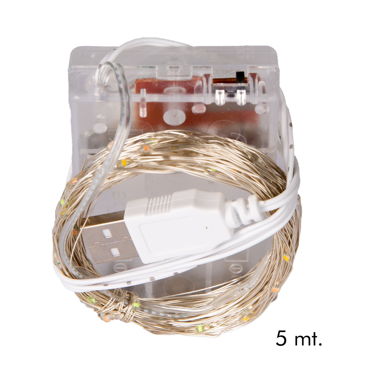 Yılbaşı Led-Peri Işık, MultiColor - 50 Ledli, USB Girişli, Pilli, Şeffaf Kablo, 5 Metre