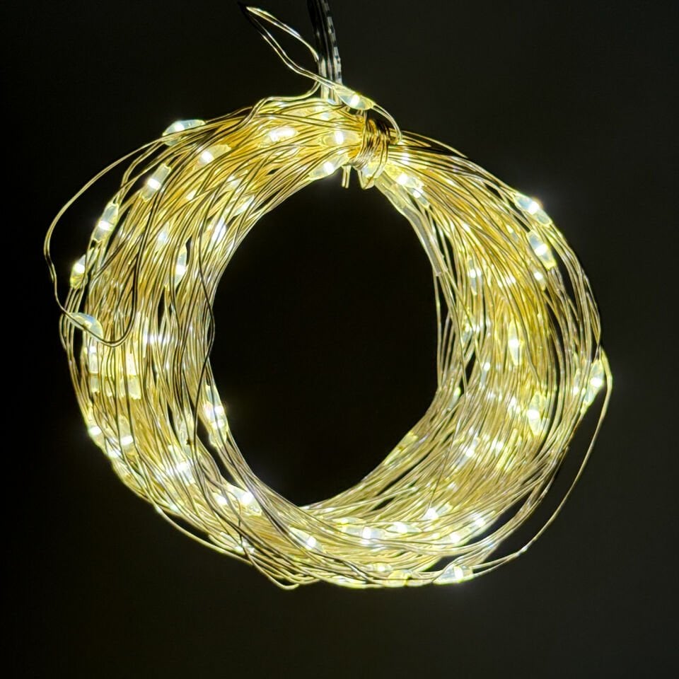 Yılbaşı Led-Peri Işık, Gün Işığı - 100 Ledli, USB Girişli, Pilli, Şeffaf Kablo, 10 Metre