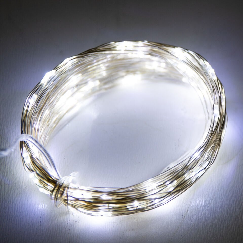 Yılbaşı Led-Peri Işık, Beyaz Işık - 100 Ledli, USB Girişli, Pilli, Şeffaf Kablo, 10 Metre