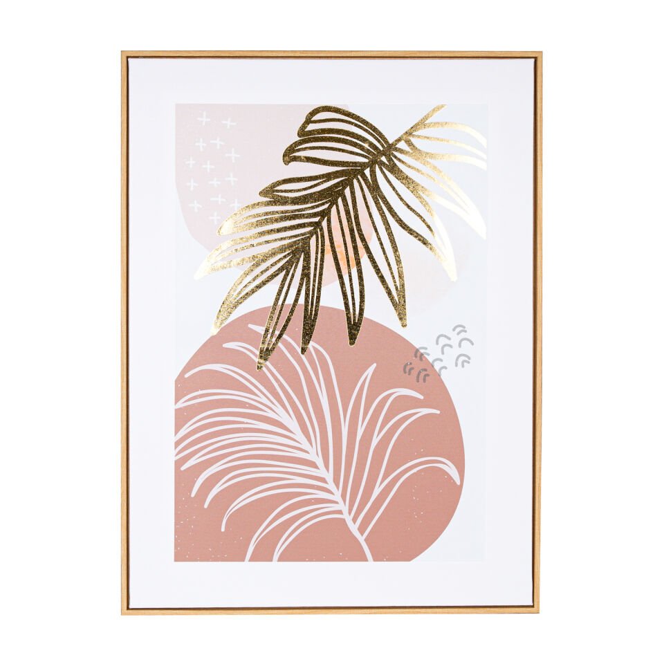 Kanvas Tablo, Palmiye Yaprağı, Doğal Ahşap Çerçeveli, Gold Kabartmalı, Somon-Kahverengi - 60x3x80 cm
