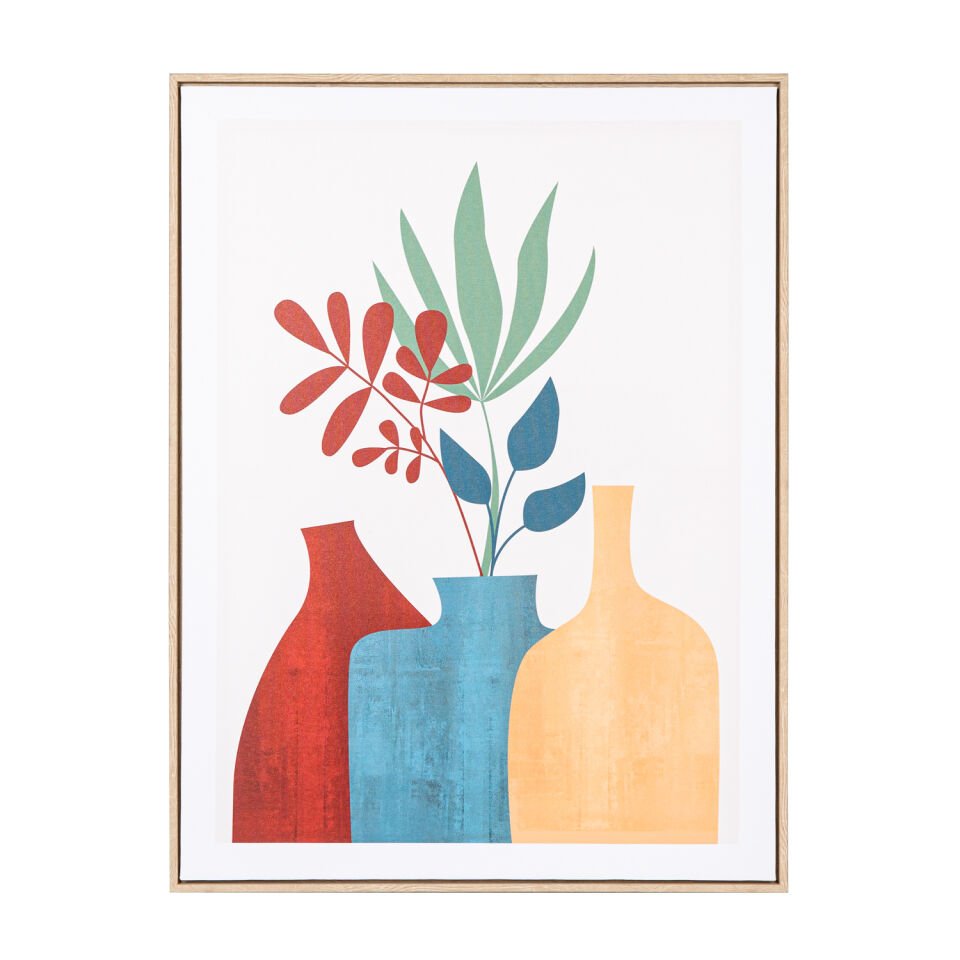 Kanvas Tablo, Vazo ve Çiçekler Figürlü, Doğal Ahşap Çerçeveli, Kırmızı-Mavi - 60x3x80 cm