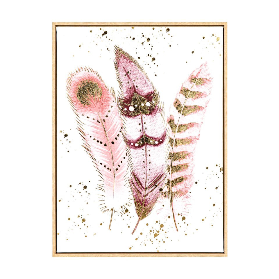 Kanvas Tablo, Kuş Tüyü Figürlü, Doğal Ahşap Çerçeveli, Gold Kabartmalı, Somon-Kahverengi - 45x2,5x60 cm