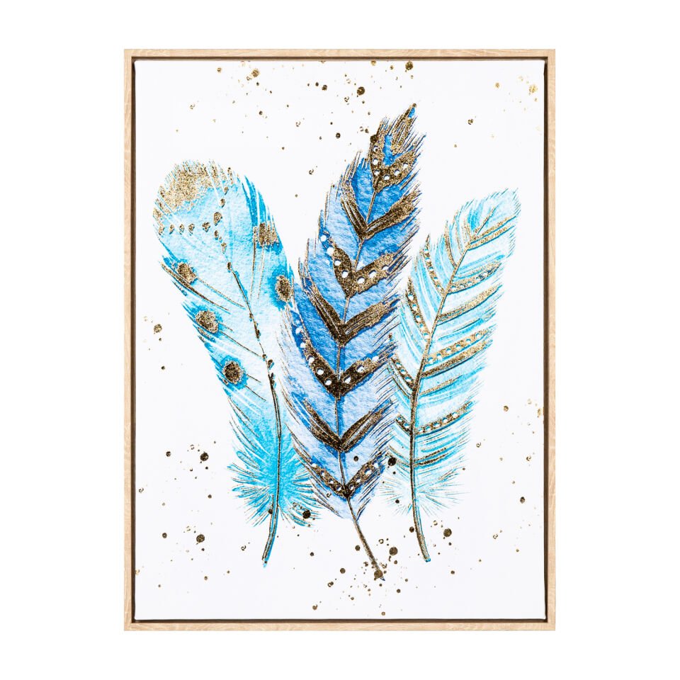 Kanvas Tablo, Kuş Tüyü Figürlü, Doğal Ahşap Çerçeveli, Gold Kabartmalı, Mavi-Beyaz - 45x2,5x60 cm