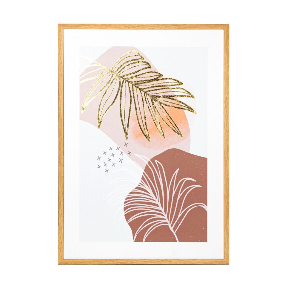 MDF Tablo, Palmiye Yaprağı, Doğal Ahşap Çerçeveli, Gold Kabartmalı, Somon-Kahverengi - 50x2,5x70 cm