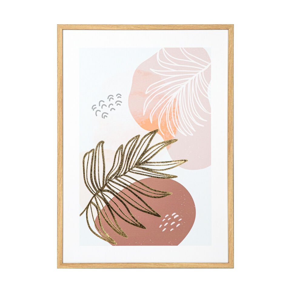 MDF Tablo, Palmiye Yaprağı, Doğal Ahşap Çerçeveli, Gold Kabartmalı, Somon-Kahverengi - 50x2,5x70 cm